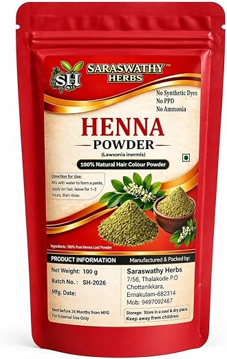 Saraswathy Herbs Henna Powder, 100% Natural Hair Colour, Lawsonia inermis, No PPD, No Ammonia, 100 g