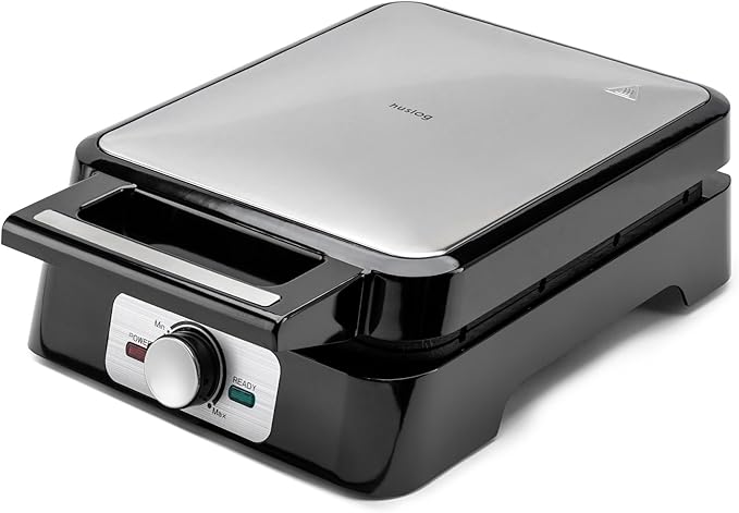 Huslog Gofrera Eléctrica para 4 Gofres Belgas, 1500W, Placas Antiadherentes, Control de Temperatura, Indicador Luminoso, Mango Cool Touch, Acero Inoxidable, Negro