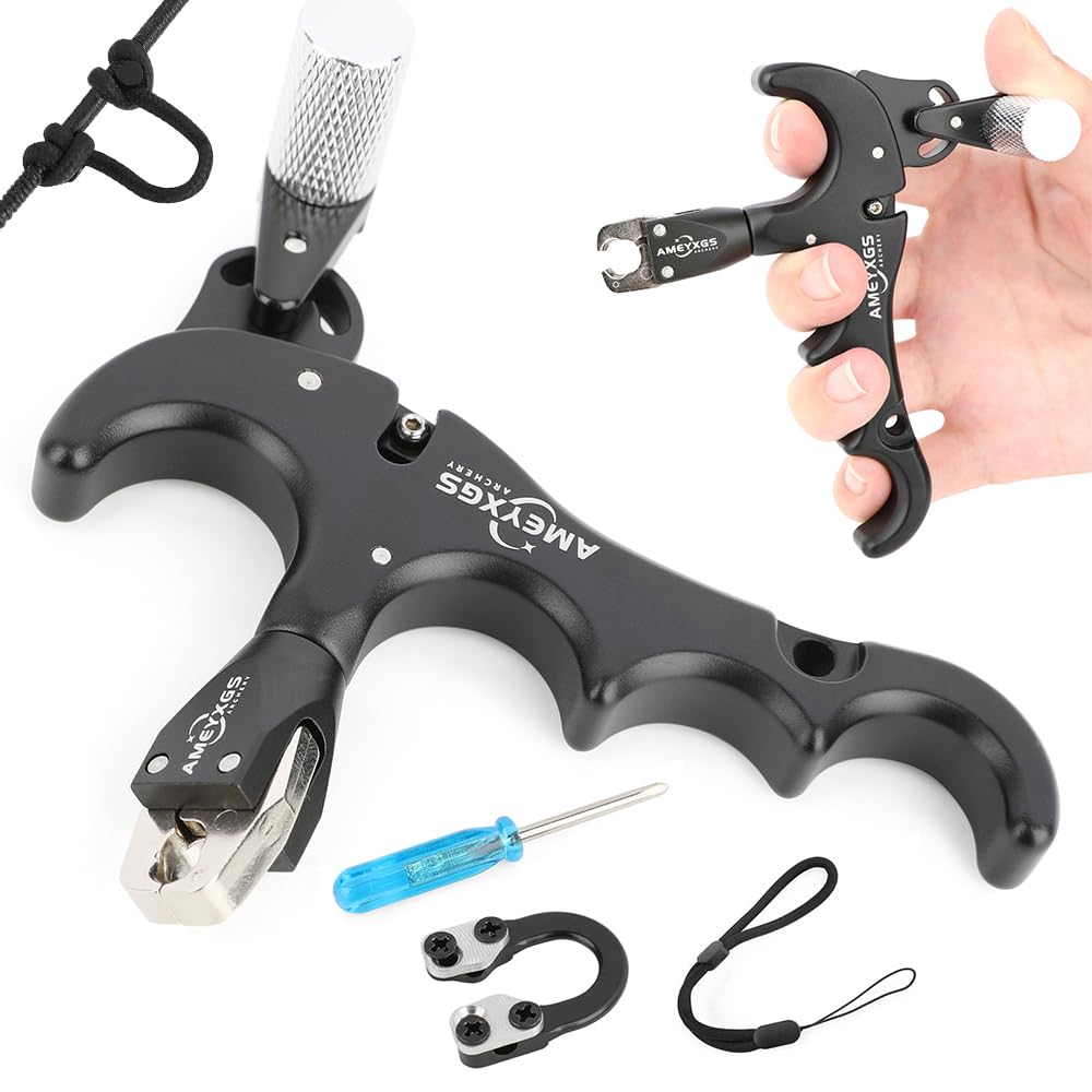 AMEYXGS Tiro con L'Arco Release Aid 4 Dita Ausili per Il Rilascio per Arco Compound e Corda D Loop Rilascio in Lega di Alluminio con Calibro Rotante a 360° RH/LH
