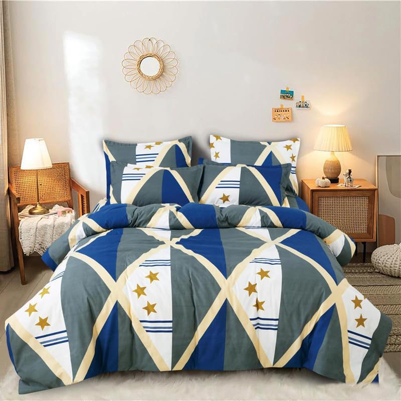 Image of Polycotton Printed 120 TC Comforter & Bedsheet Double Bed Bedding Set, Queen Size (90x100 inch), Blue & Cream, 4 Pieces