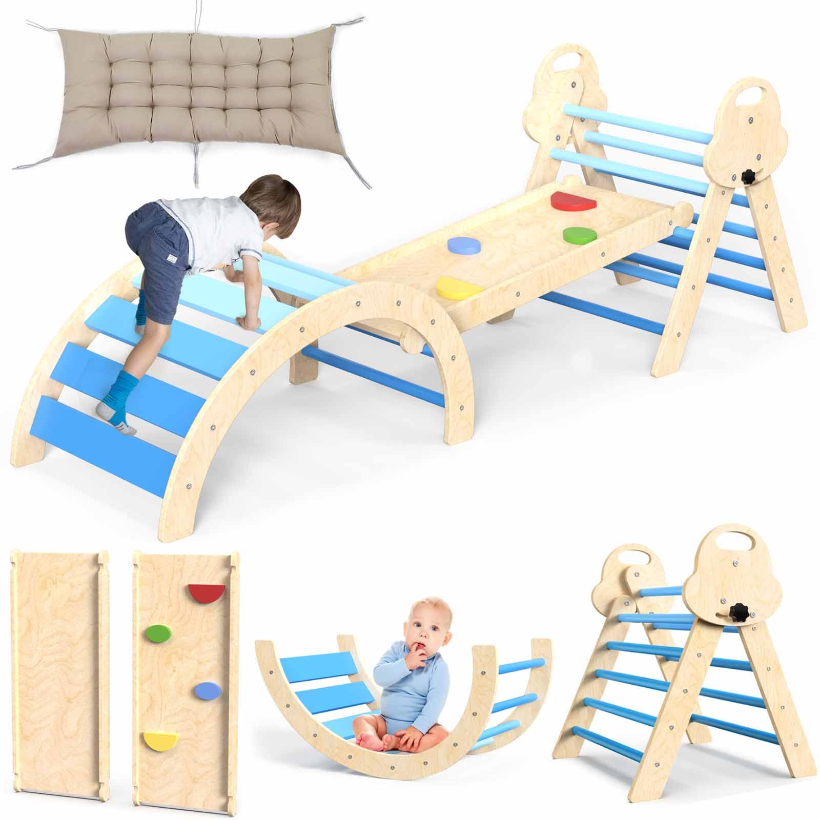 7 in 1 Pikler Triangle Set with Cushion, Wooden Climbing Toys for Toddlers 1-3 Inside, Indoor Playground Jungle Gyms with Ramp, Arch and Ladder