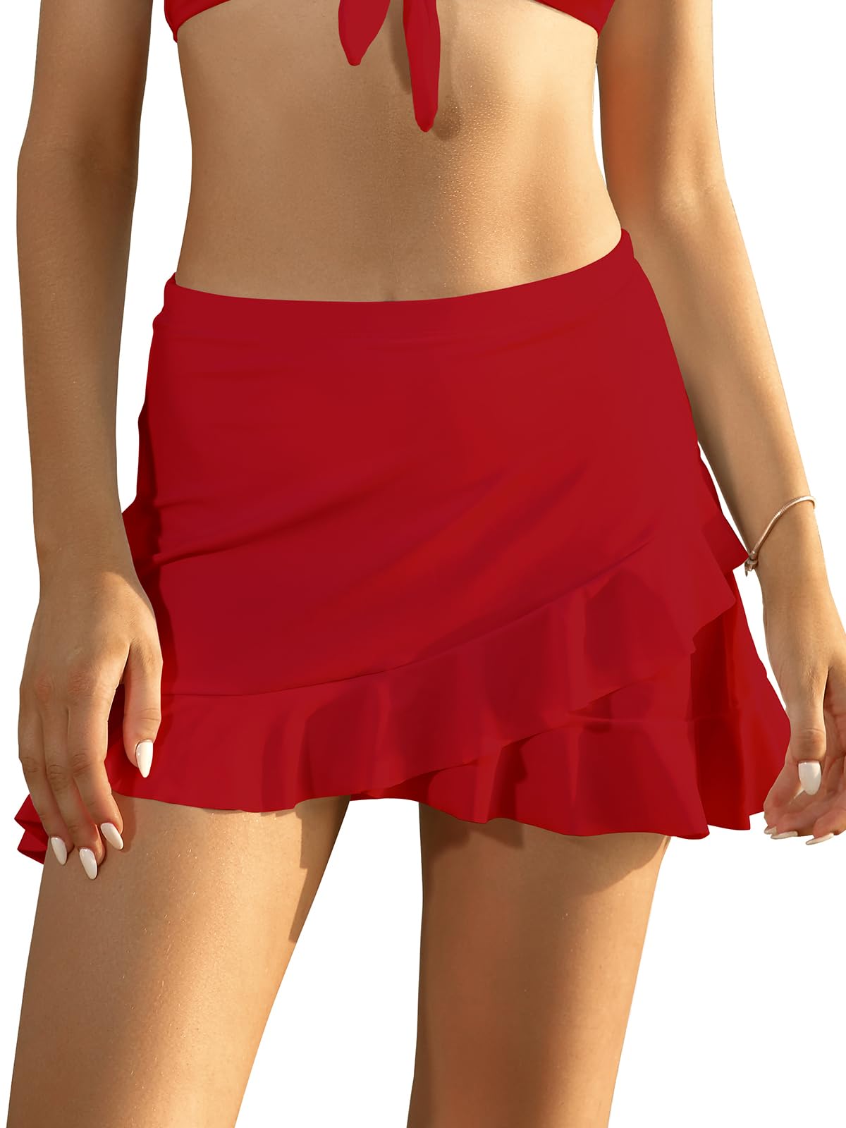 SHEKINI Traje de Baño para Mujer Elegante Ruched Bikini Falda Corta Incorporada Pantalones de Bikini Deportivo Verano Falda de Baño con Cordón de Playa — view 21