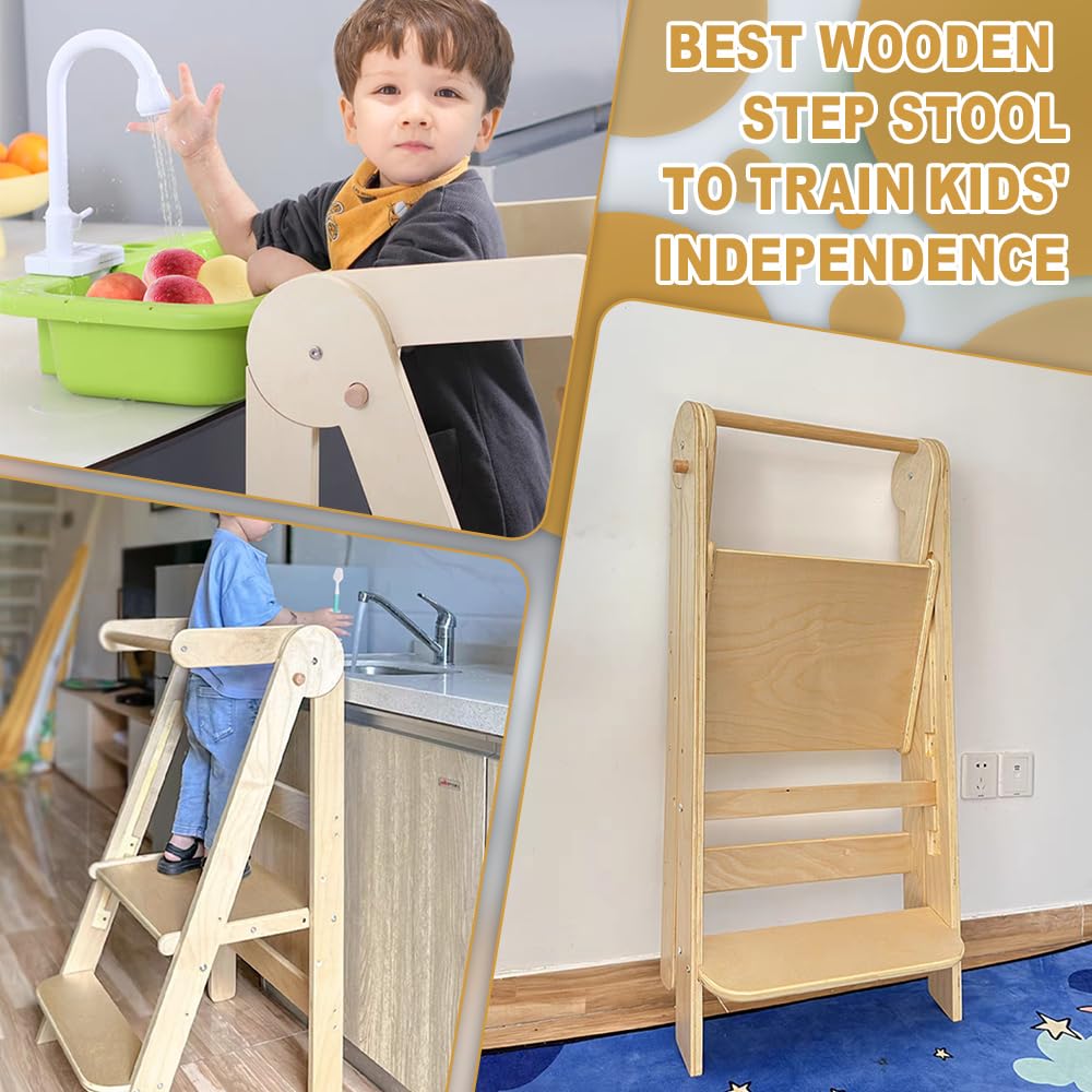 Torre pieghevole per bambini, torre di apprendimento in legno, altezza regolabile a 3 livelli, per bambini, da 1 a 6 anni, sgabello per cucina e bagno