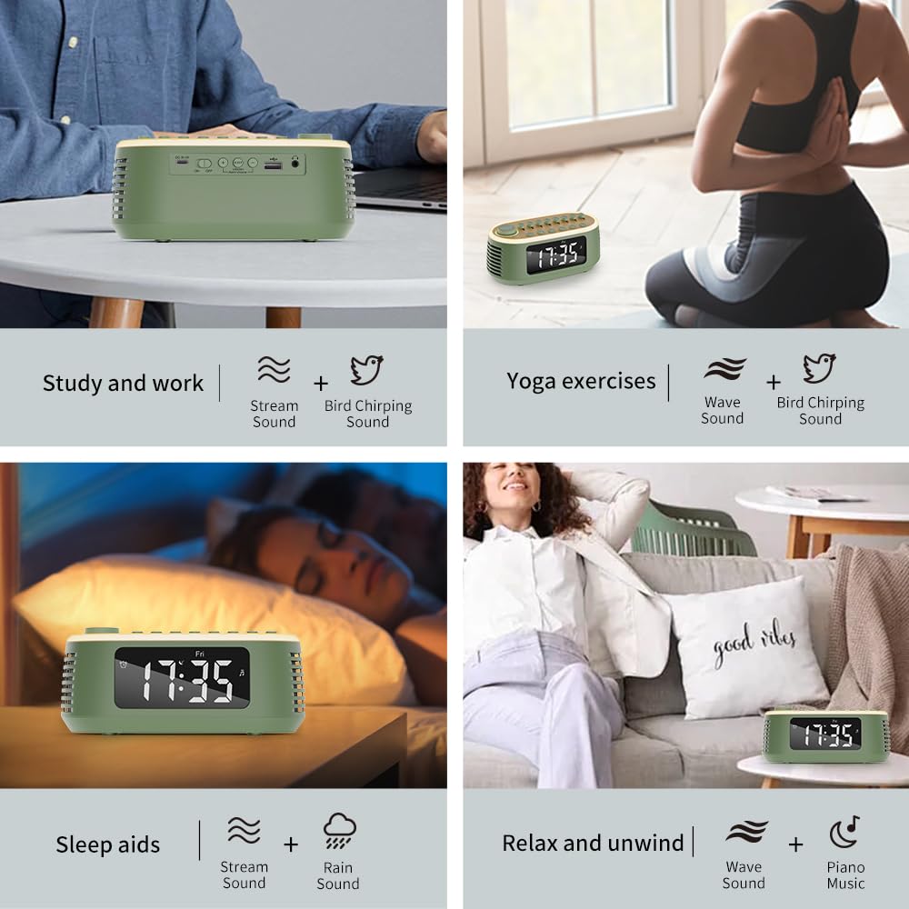 Głośnik Bluetooth, cyfrowy budzik z wyświetlaczem LED, lampka nocna RGB, kojący naturalny dźwięk do spania, dla niemowląt, dzieci, dorosłych, sypialni