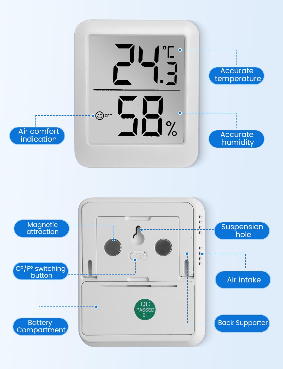 Termometro digitale da camera, igrometro interno con icona Comfort, termometro per ambiente per misurare la temperatura e l'umidità dell'aria per casa e ufficio (6053)