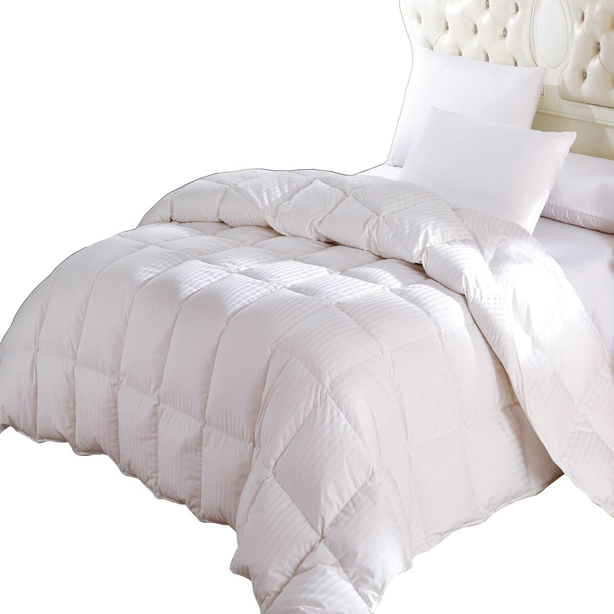 Luxury Four Season Down Comforter, 300 Thread Count 100% Cotton Striped Shell, 600FP, 40 Ounce Down Fill, King