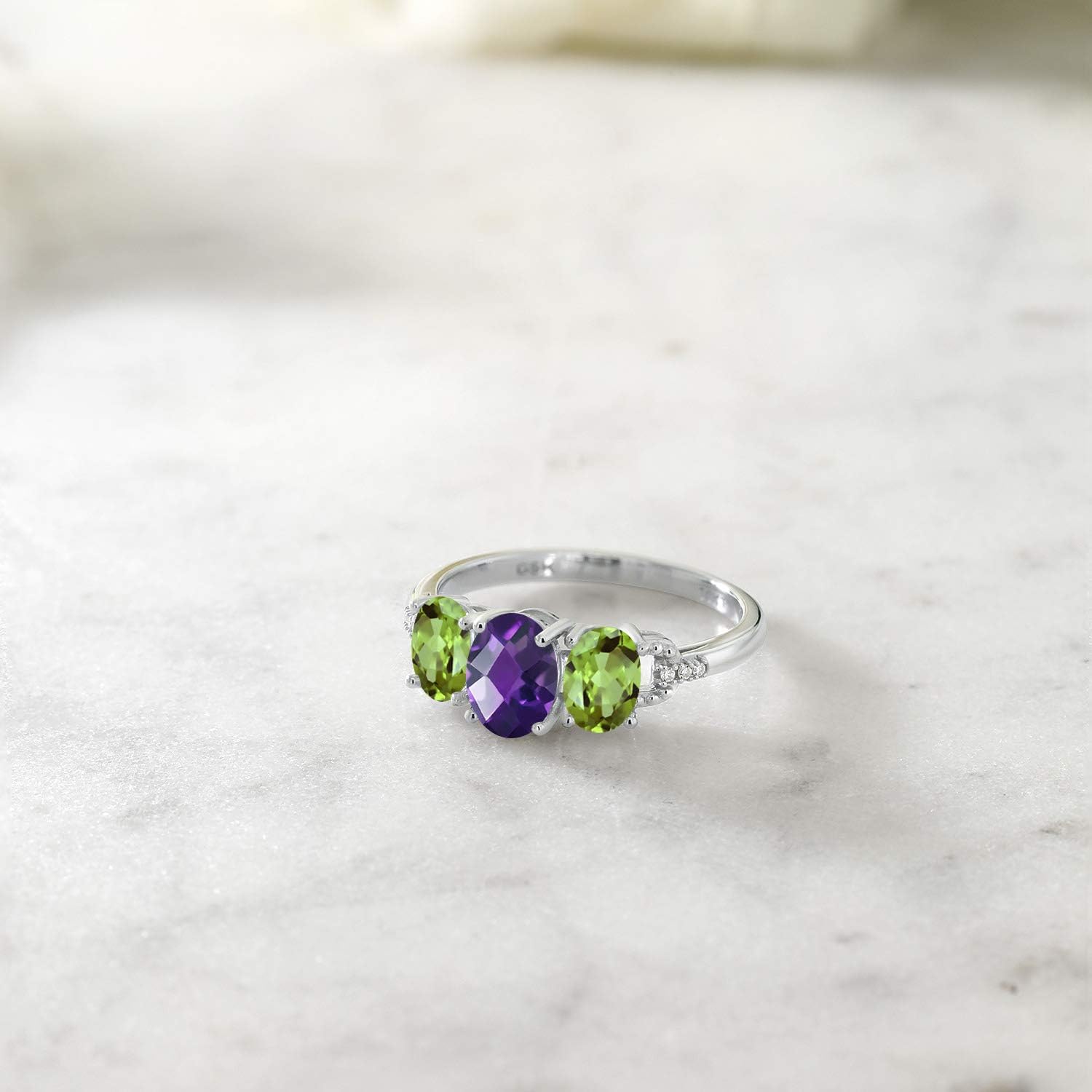 Gem Stone King 10K White Gold Purple Amethyst and Green Peridot Diamond Accent Engagement Ring For Women (1.77 Cttw, Oval Checkerboard Cut)