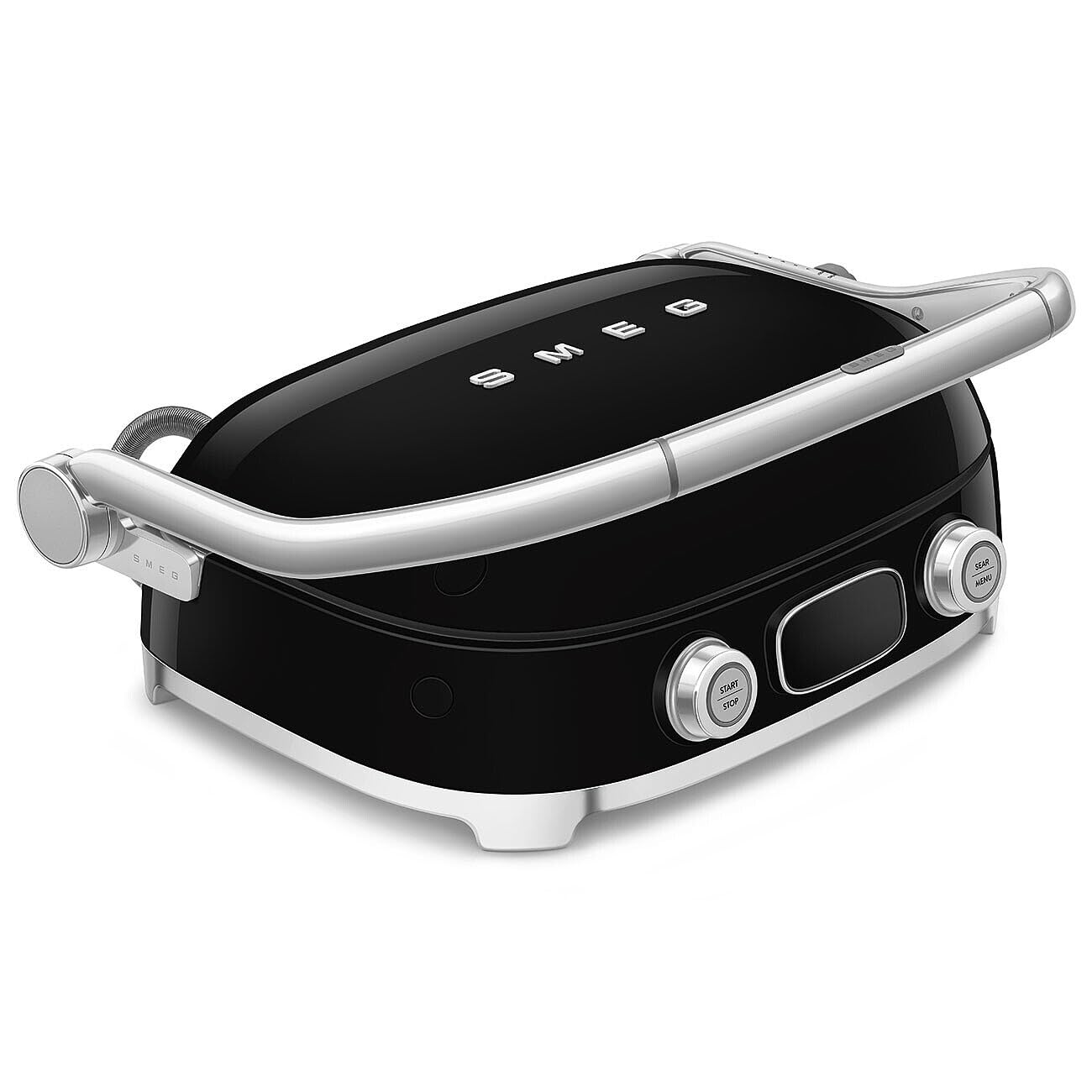 Smeg, MGF01BLEU, Grill Elettrico Multifunzione 3 in 1, Nero | Funzione SEAR, 3 Modalità di Cottura, Preset Panini, Waffle e Burger, 4 Piastre Incluse