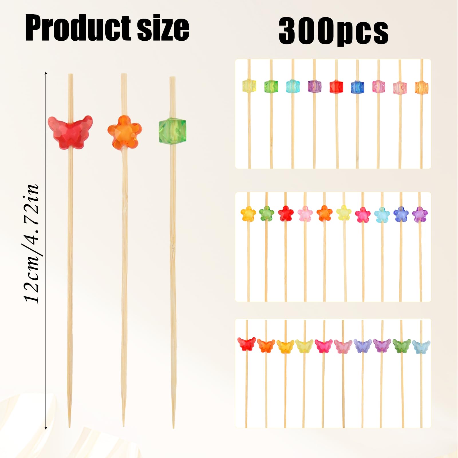 300 Piezas Palillos para Aperitivos Brochetas Bambú 12 cm Palos de Brocheta Pinchos con Forma de Mariposa y Flor para Decoración Cocktail Bebidas Frutas Ensalada Fiesta