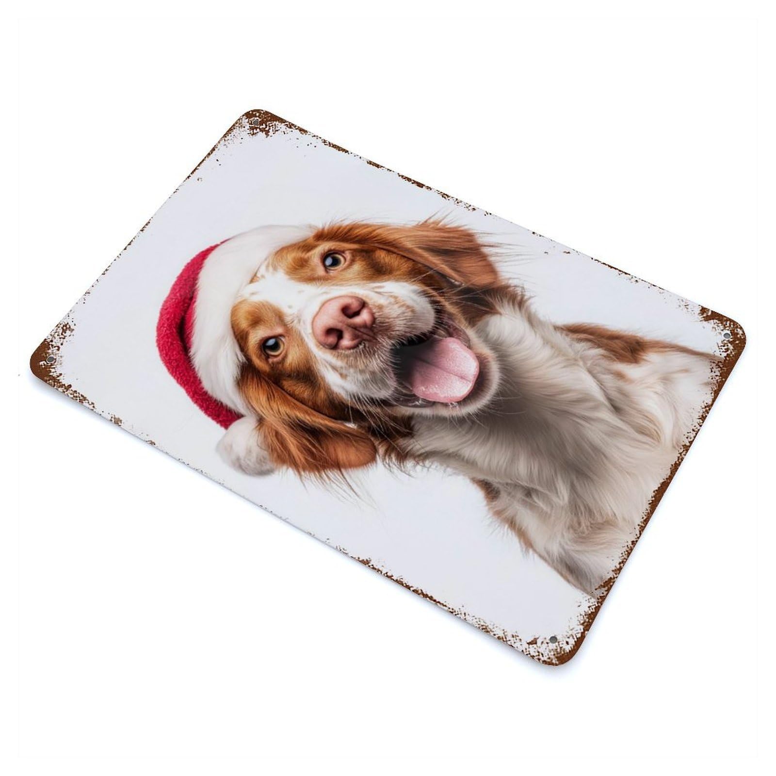 Brittany Dog with Santa Hat Vintage Wall Sign 11.8"x7.9", Rust Effect Metal Decor for Cafe, Home Bar And Lounge Decor