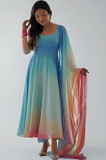 GoSriKi Women's Georgette Anarkali Kurta Set with Dupatta | Elegant Pink Ethnic Dress | Flared Long Kurti for Festive