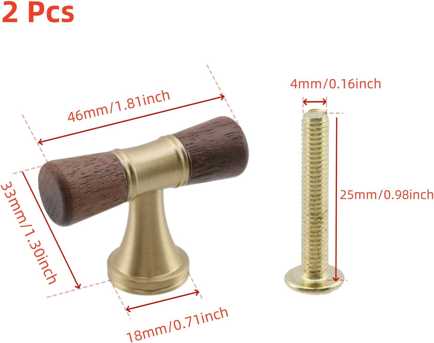 Single Hole Wood Drawer Handle Knobs Walnut Cabinet Pulls Brass Base T Bar Knob Pull Handles With Screws for Cabinets, Cupboard, Drawer, Kitchen, 46mm/1.81", 2 Pcs(Walnut and Brass)