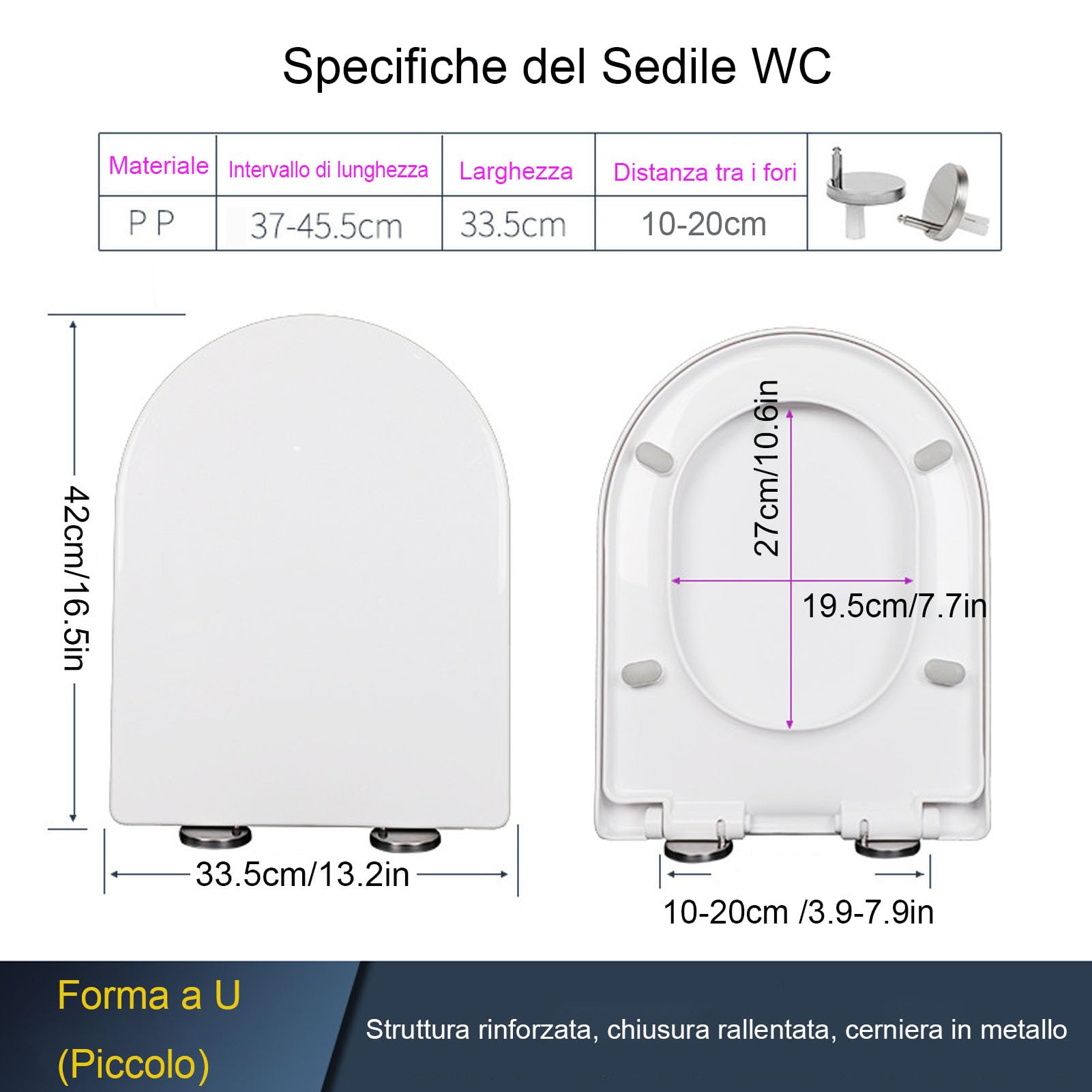 Copriwater con Chiusura Ammortizzata, Bianco PP, Forma di D, 42x33.5cm