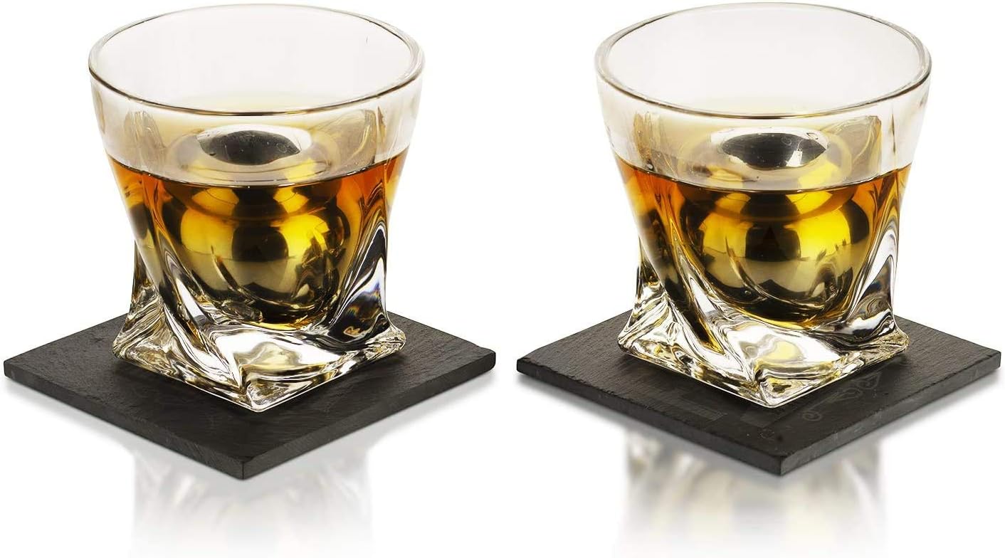Whiskey Stones Gift Set - Whiskey Glass Set of - 2 King-Sized Chilling Stainless-Steel Whiskey Balls - Scotch Bourbon Box Set - Best Drinking Gifts - Men Dad Husband Birthday Party Present