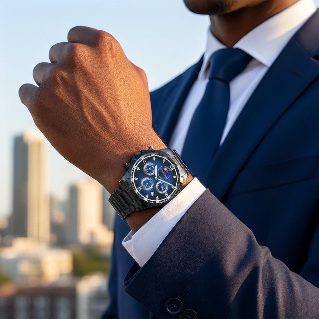 Watches For Men Luxury Stainless Steel Quartz Chronograph Waterproof Moonphase Watch With Luminous Roman Diamond Dial Fashion Dress Business Timepiece, Perfect Mens Gifts For Birthday Anniversary Or Holiday - Image 2