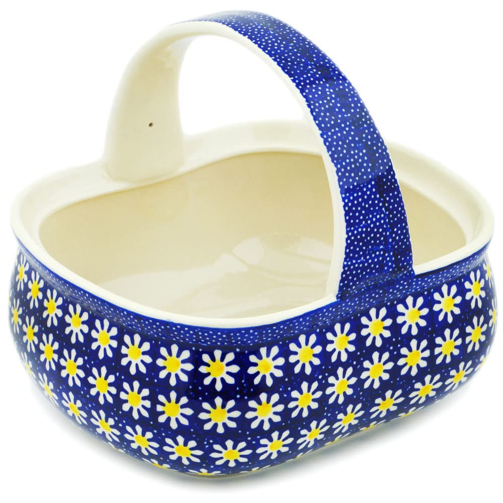 Polish Pottery 10½-inch Basket with Handle (Daisy Theme) + Certificate of Authenticity