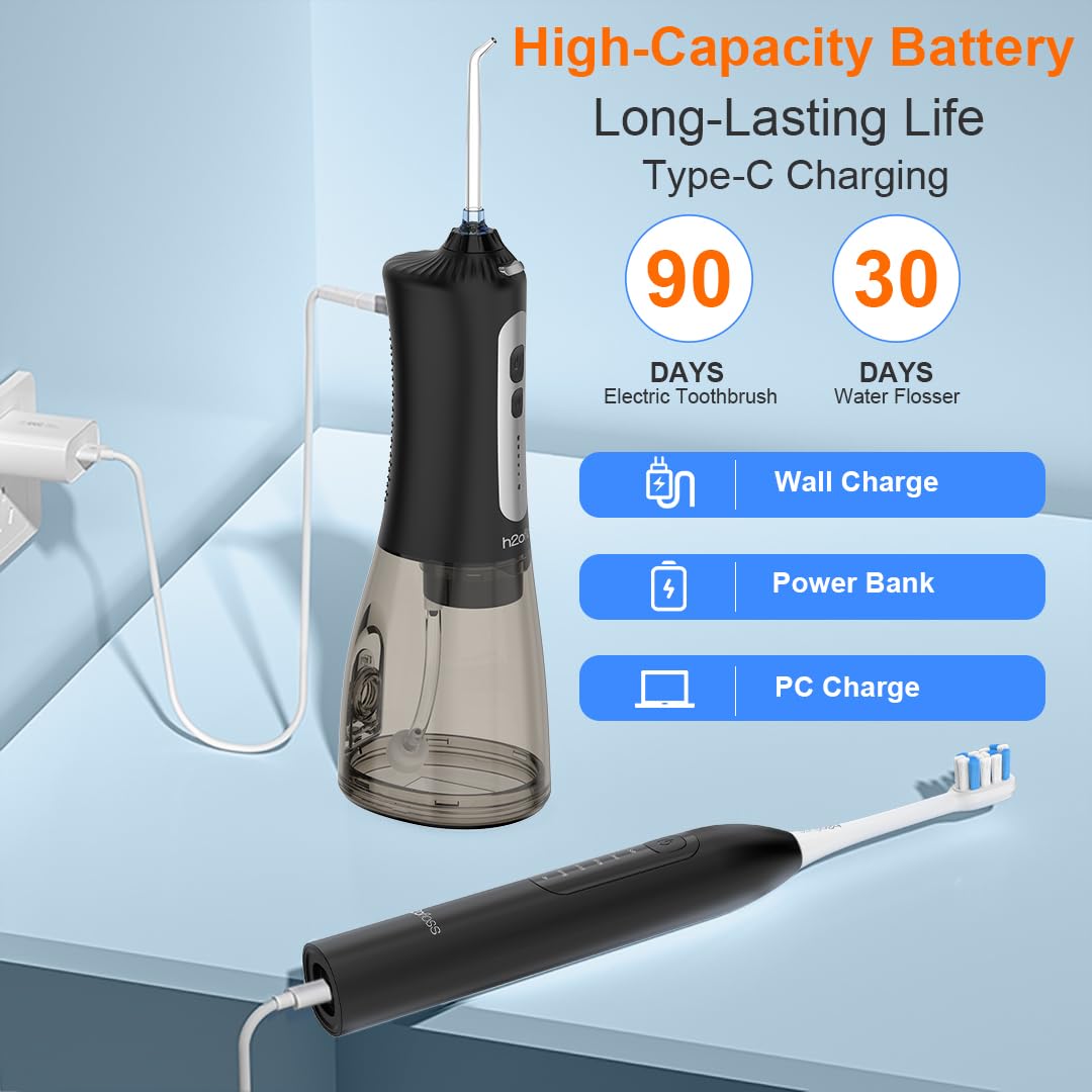 H2ofloss Sonic Elektrische Zahnbürste und Wasser Flosser Combo, Wiederaufladbare 2000mAh Zahnbürste und 2500mAh Munddusche mit 300ml Tank, 4 Bürstenköpfe, 5 Düsen, 2 in 1 für Zuhause und Reisen