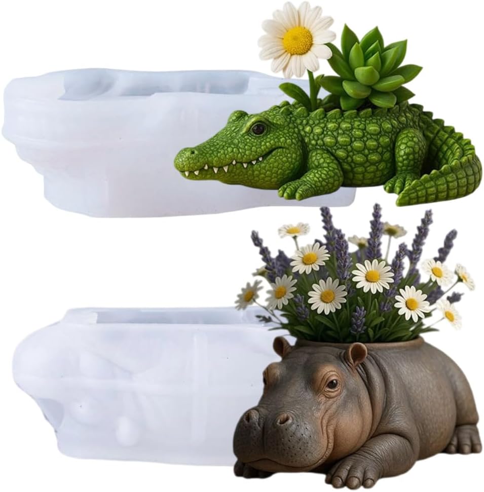 Crocodile & Hippo Shaped Storage Box Resin Mold, 2Pcs Animal Silicone Molds for Resin Plaster Concrete Cement, DIY Candle Cup Trinket Dish, Home Decor Gift