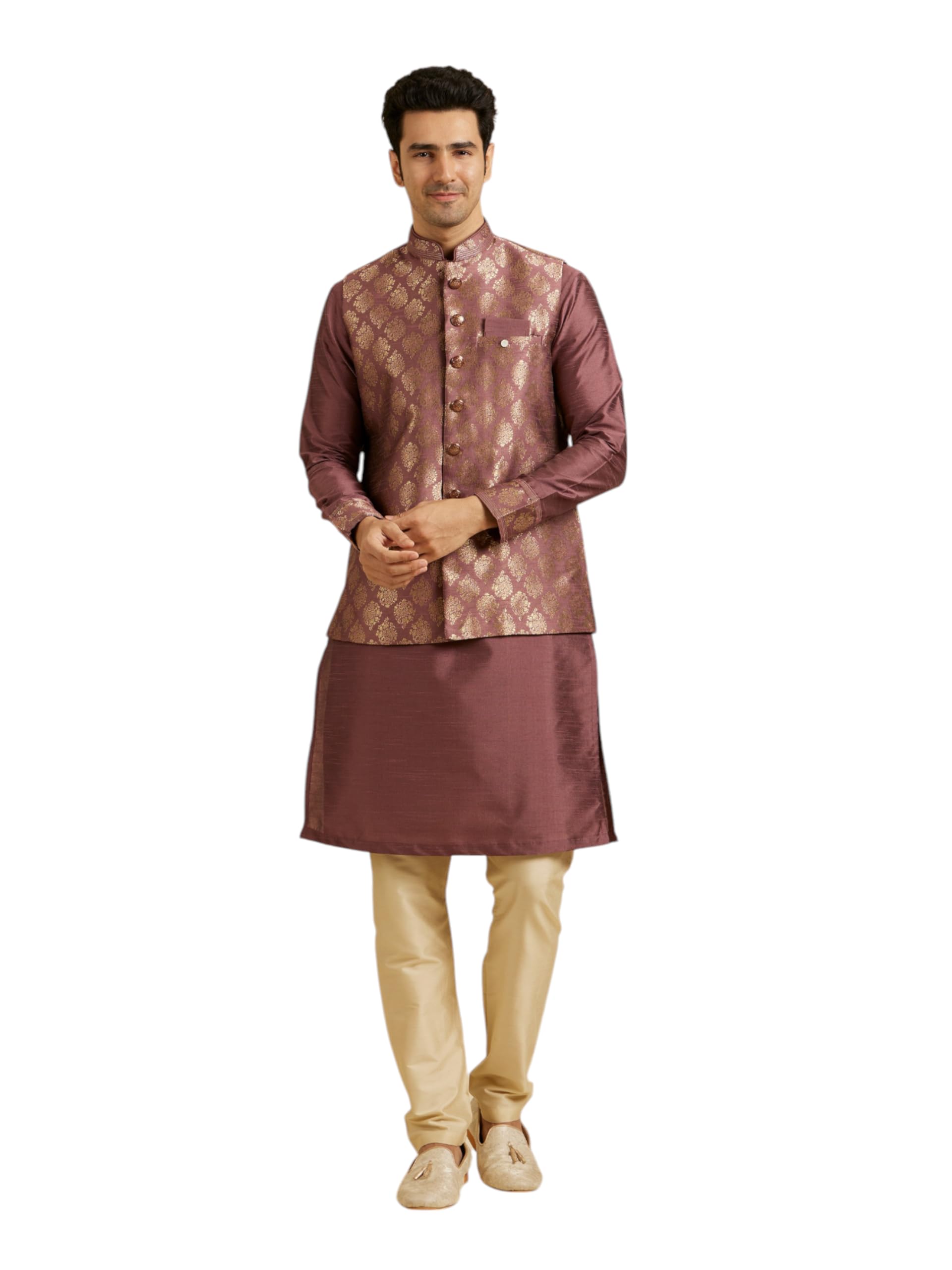 manyavar Men's Brocade Self-Design, Ethnic Motifs Kurta Jacket Set (3pcs)-picture-20