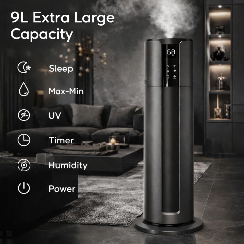 9L Large Humidifier for Bedroom, 28dB Whisper Quiet Cool Mist Humidifier for Home Office, Top Fill, 500sq.ft Coverage, Smart Humidity Control, Sleep Mode & Timer