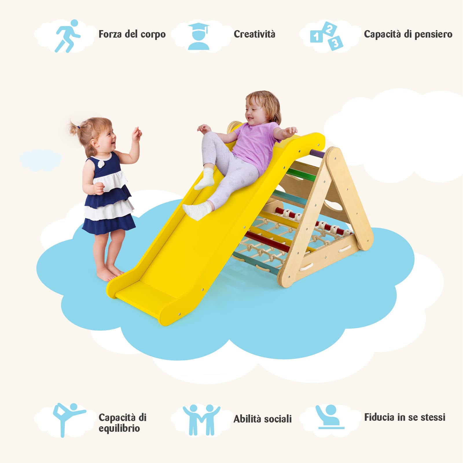 COSTWAY 4 in1 Set Arrampicata per Bambini, Triangolo Arrampicata Bambini con Scivolo, Giocattoli da Arrampicata in Legno con Rete, Carico 50kg, 1 Anni+ (Colorato)