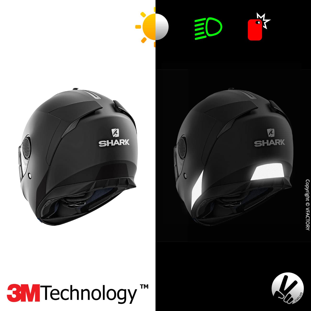 Image secondaire de VFLUO - Gamme Stickers Noirs Rétro Réfléchissants - Bandes Casque Moto Shark Spartan - Homologation FR - Technologie 3M™ - Haute