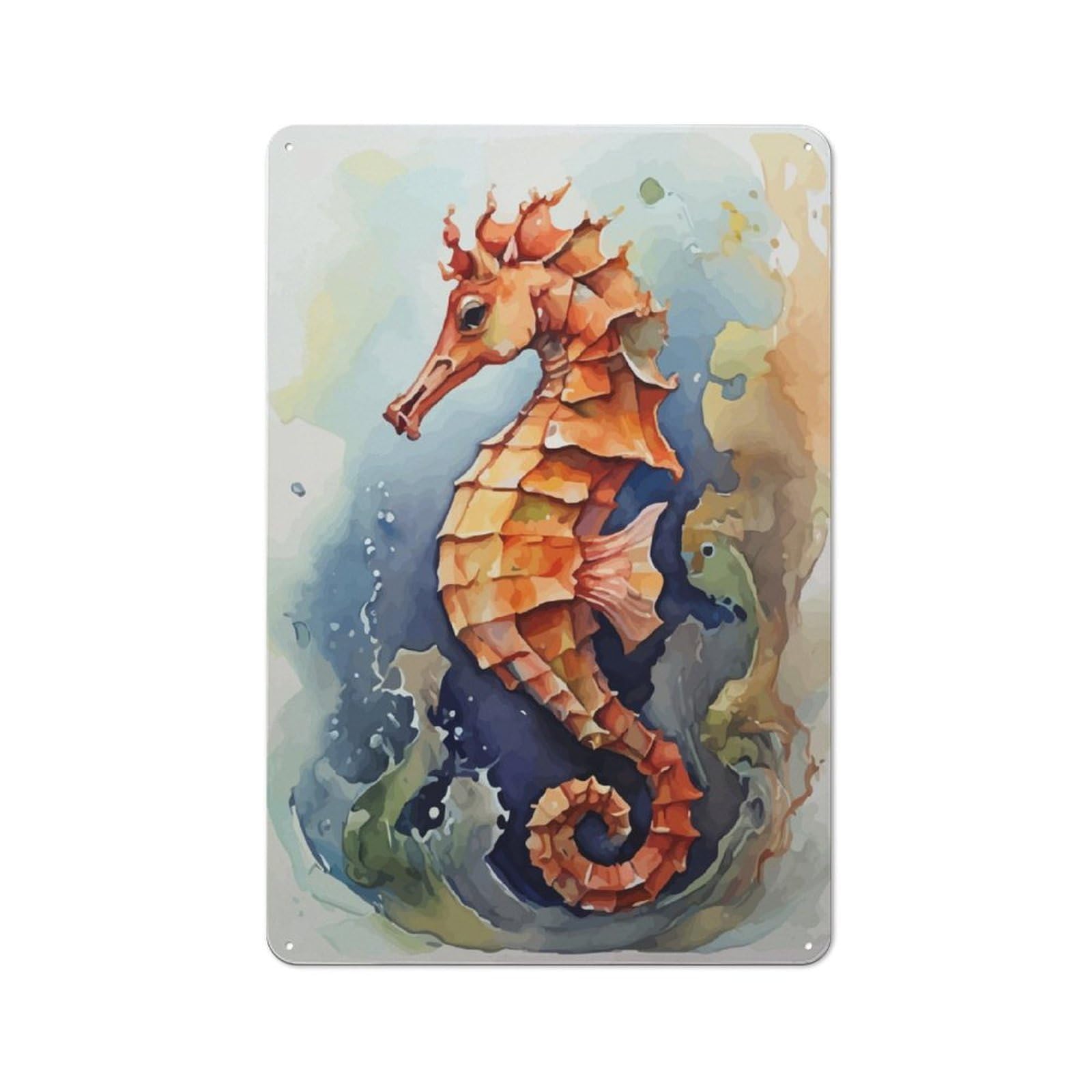 Junmoney Seahorse Watercolor Tin Sign 30X20cm For Café Or Home Bar, Rustic Wall Decor, For Garage, Workshop And Man Cave Decoration