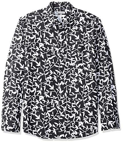 Un brand Amazon Amazon Essentials Regular-Fit Long-Sleeve Linen Cotton Patern Shirt Camicia con Bottoni, Stampa Foglia Nera, XL