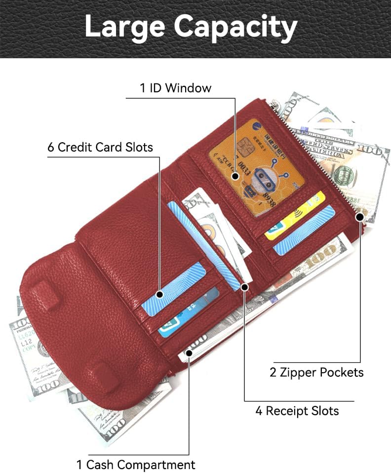 Wallet for Women [Genuine Leather] [Magnetic Closure], Large Capacity Female Ladies Bifold Wallet Card Holder, ID Window, Zipper Coin Pockets (Burgundy) - Image 3