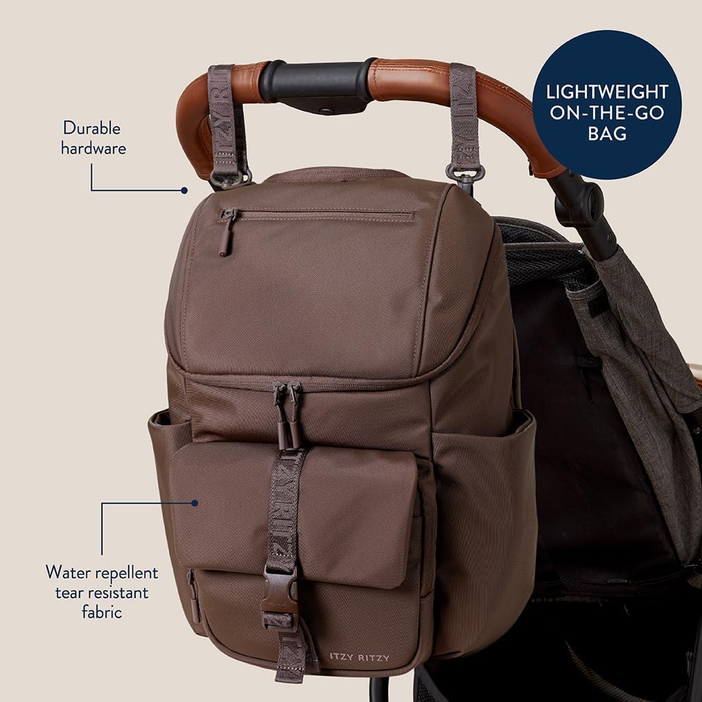 Itzy Ritzy Belong Bucket Backpack – Lightweight Diaper Bag Backpack Featuring 16 Pockets, Bucket Top Opening, Stroller Straps & Changing Pad – Organized and Stylish Everyday Family Backpack (Mocha)