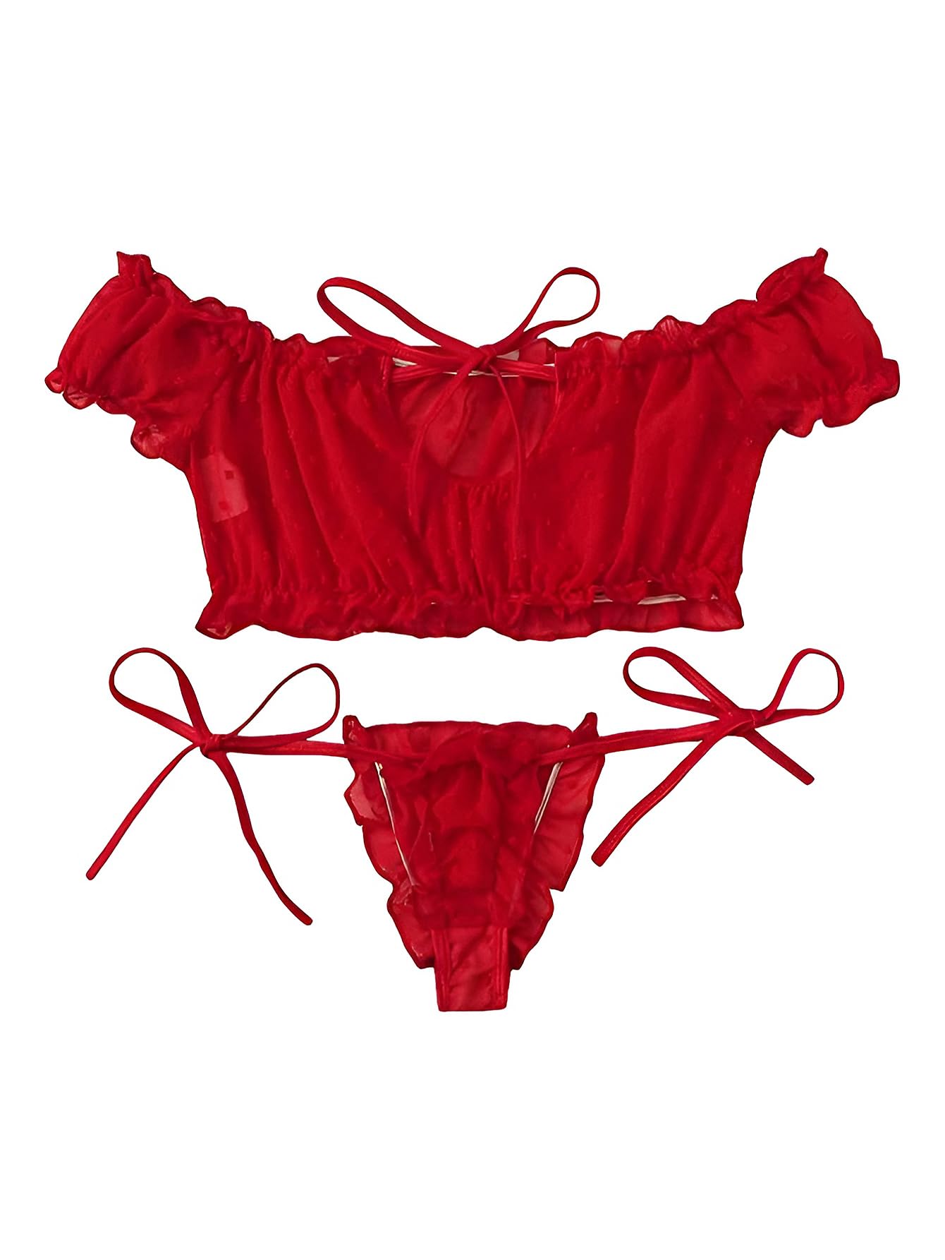 Lilosy Sexy Stretch Ruffle Tie Sheer Mesh Lingerie Set Outfits: Chiffon X-Small Chiffon Red