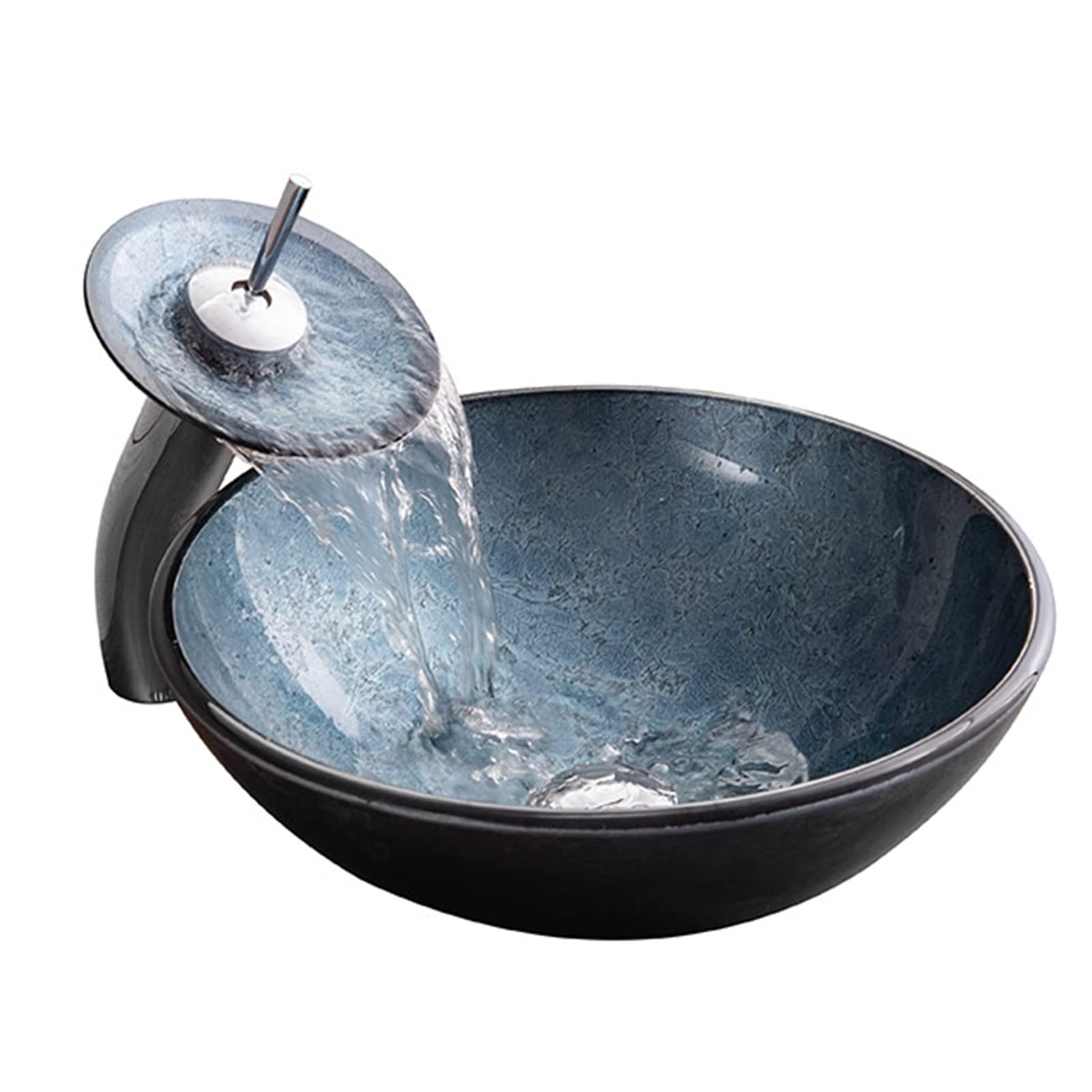 ASerZenith Blue Bathroom Vessel Sink,Round 16.5" Tempered Glass Vessel Vanity Sink,Vanity Wash Sink Bowl With Waterfall Faucet And Pop-Up Drain, Countertop Installation