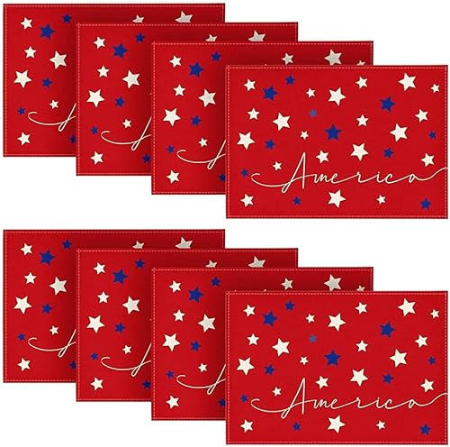 Artoid Mode Juego de 8 manteles individuales para mesa de comedor, 12 x 18 pulgadas, diseño de estrellas rojas y azules de Estados Unidos para el 4