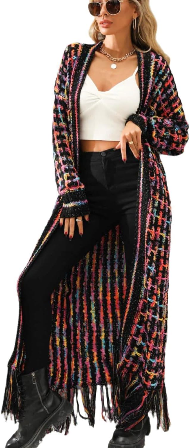 Women Multicolored Open Front Fringe Hem Cardigan