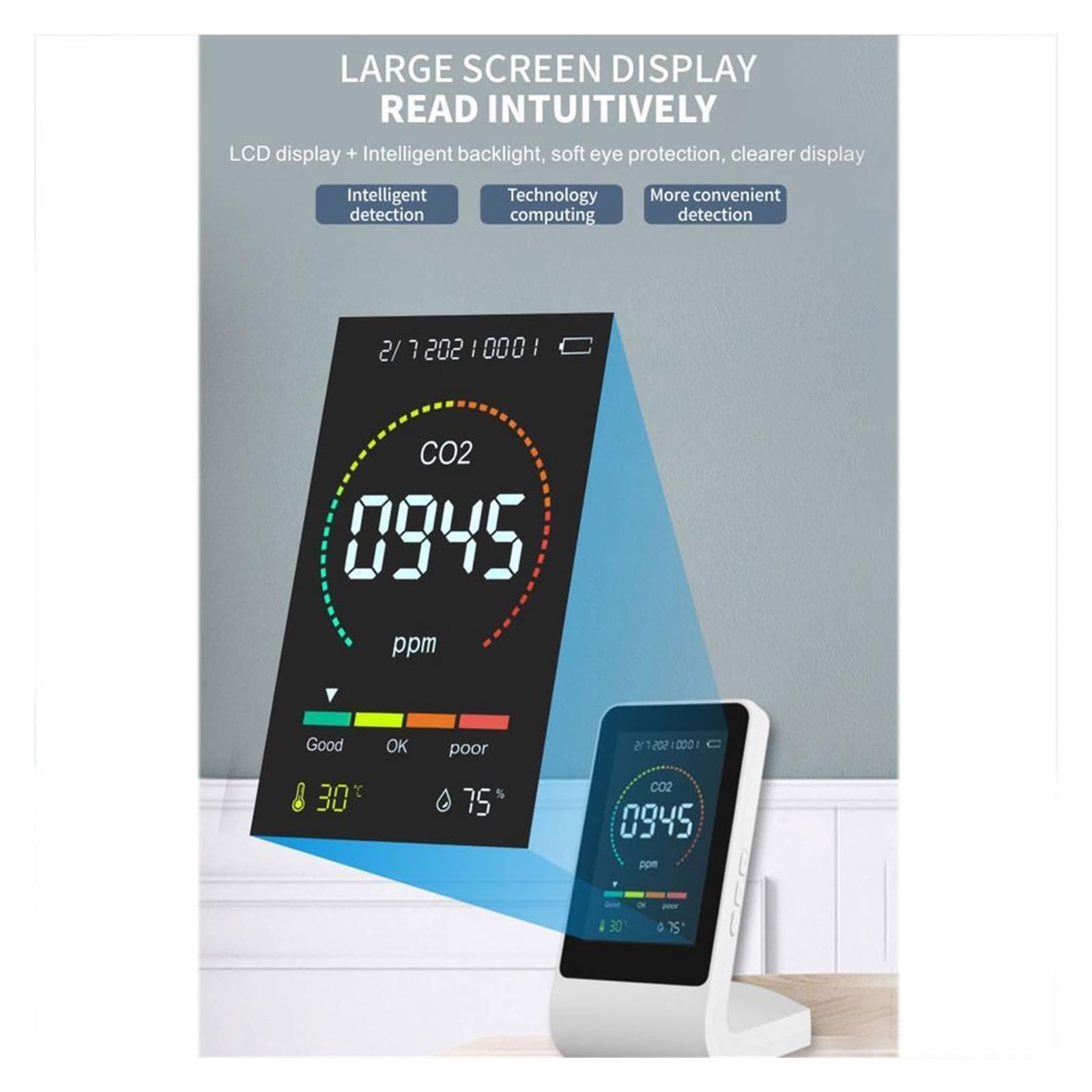 Misuratore Qualità dell'aria, Misuratore di CO2 3 In1 Monitor a qualità 'aria Tester del sensore di umidità a temperatura digitale Rilevatore di anidride carbonica portatile multifunzionale per Casa C