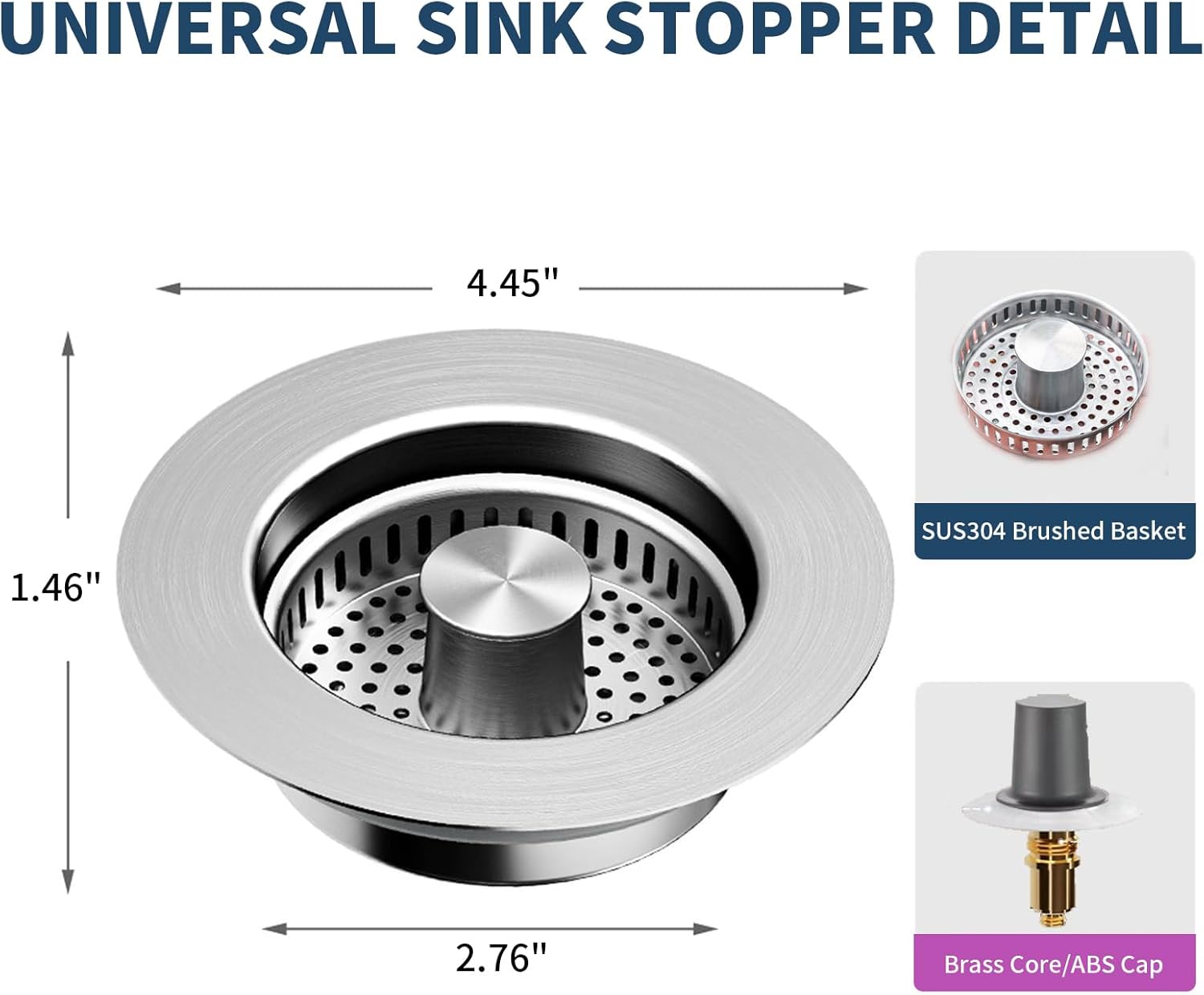 2 Pack – 3-in-1 Kitchen Sink Drain Strainer Stopper, 304 Stainless Steel Pop Up Sink Plug with Removable Filter Basket, Fits 3-1/2” US Standard Drain, Anti-Clog, Rustproof, Odor Blocker