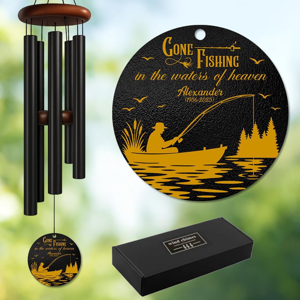 Personalized Gone Fishing Memorial Wind Chime – “Gone Fishing in Heaven’s Waters” Custom Name & Dates – Outdoor Sympathy Gift for Men, Dad, or Grandpa – Fisherman Remembrance Windchime Garden Décor