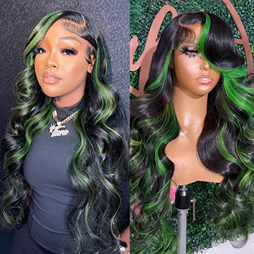 BLG Highlight Green Human Hair Wig 180% Density 13X6 Lace Front Wigs Body Wave Green and Black Glueless Wig Pre Plucked with Baby Hair 20 Inch Colored Lace Frontal Wigs