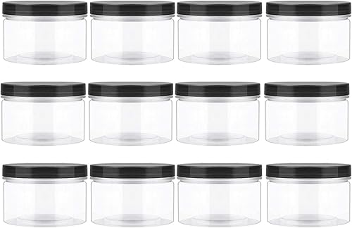 Tarros de plástico vacíos de boca ancha transparentes de 11.5 onzas (11.5 fl oz) con tapas y etiquetas negras lisas (paquete de 12) - Contenedores