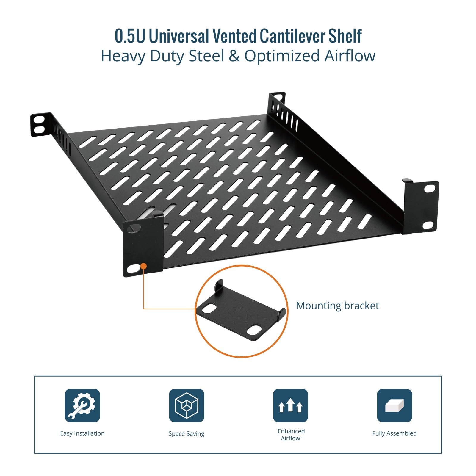 Tecmojo 10 Pulgadas 0,5U Estante, Profundidad 260mm, Fijación Frontal, Bandeja Ventilada, Estantería Metálica para Armarios de Red y Carcasas de Servidores, Circulación de Aire Mejorada, Negro