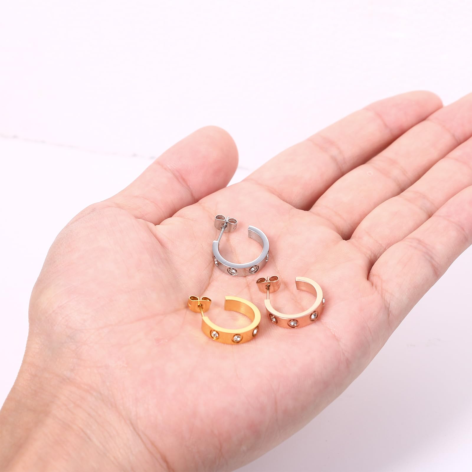 Flongo Womens Hoop Stud Earrings: Cubic Zirconia Stainless Steel Piercing Huggie Hoop Earrings - Jewelry Gifts for Lady Wife Girl - Image 4
