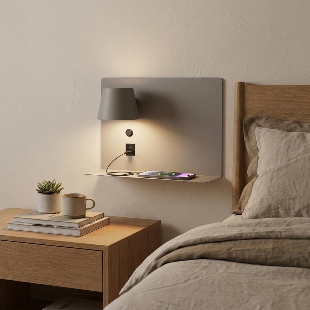 BARCELONA LED Wandleuchte BASKOP 6W Grau Links | Leselicht auf der linken Seite | USB + USB-C | Bettkopfteil Lampe mit Ablage | LED 2700K Warmweiß | 350° Drehbarer Spot für Schlafzimmer Modern