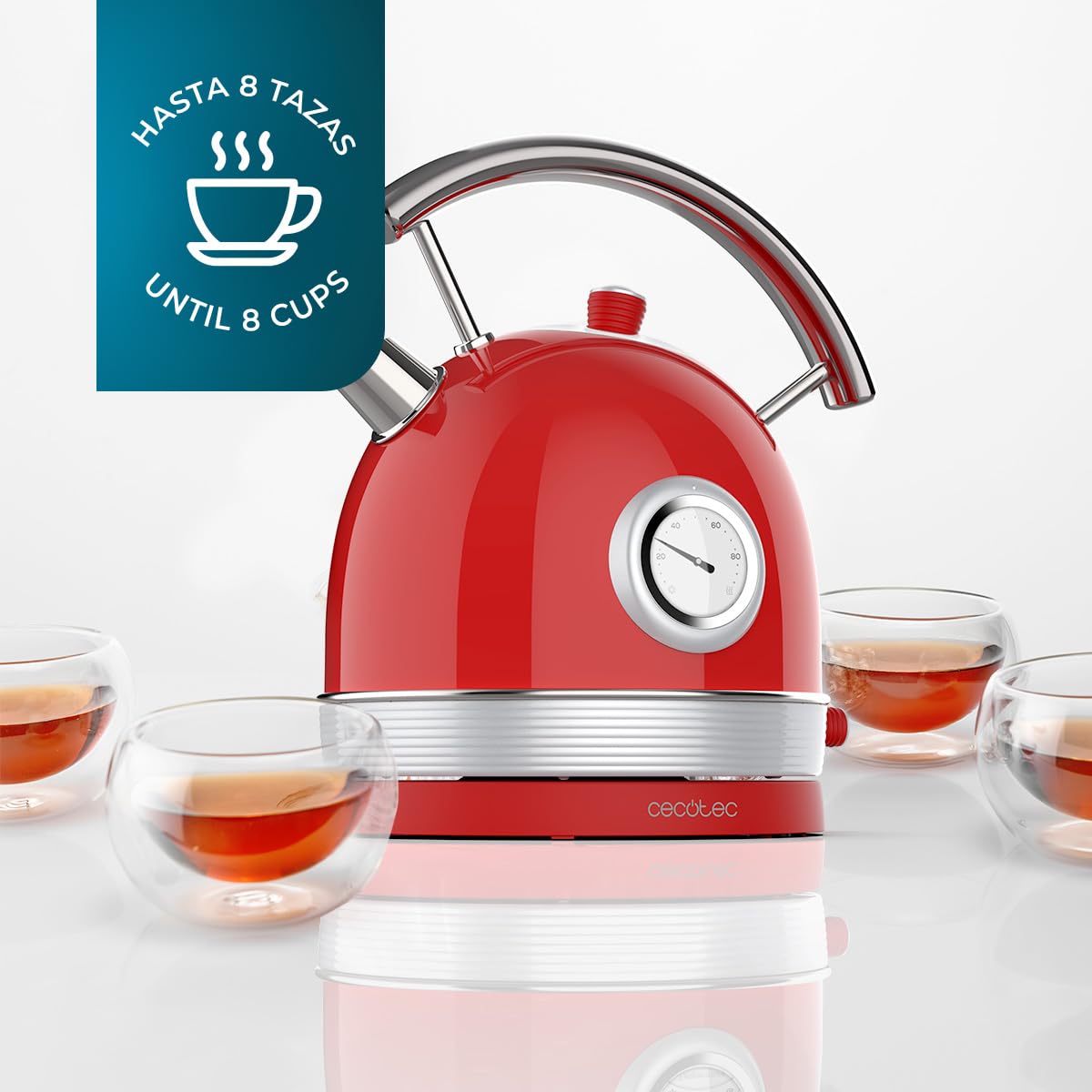 Cecotec Bollitore elettrico da 1,8 litri Thermosense 420 Vintage Light Red. 2200 W, 8 tazze da tè di capacità, misuratore di temperatura, stile vintage, base girevole a 360°, acciaio inox rosso