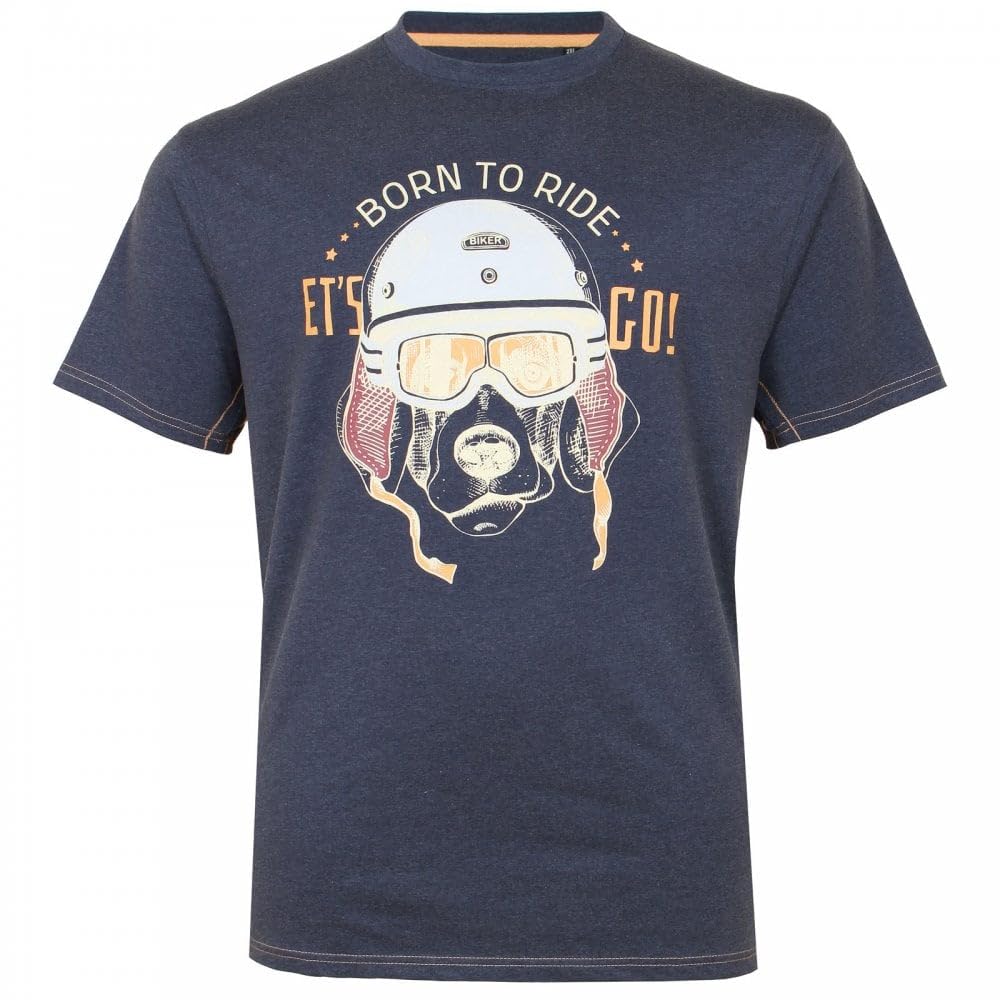 Kam Men's Indigo Marl T-Shirt Born To Ride Print Graphic Short Sleeve Crew Neck Casual Plus Size 2XL-8Xl 5731 (Uk, Alpha, 4XL, Plus, Regular, )