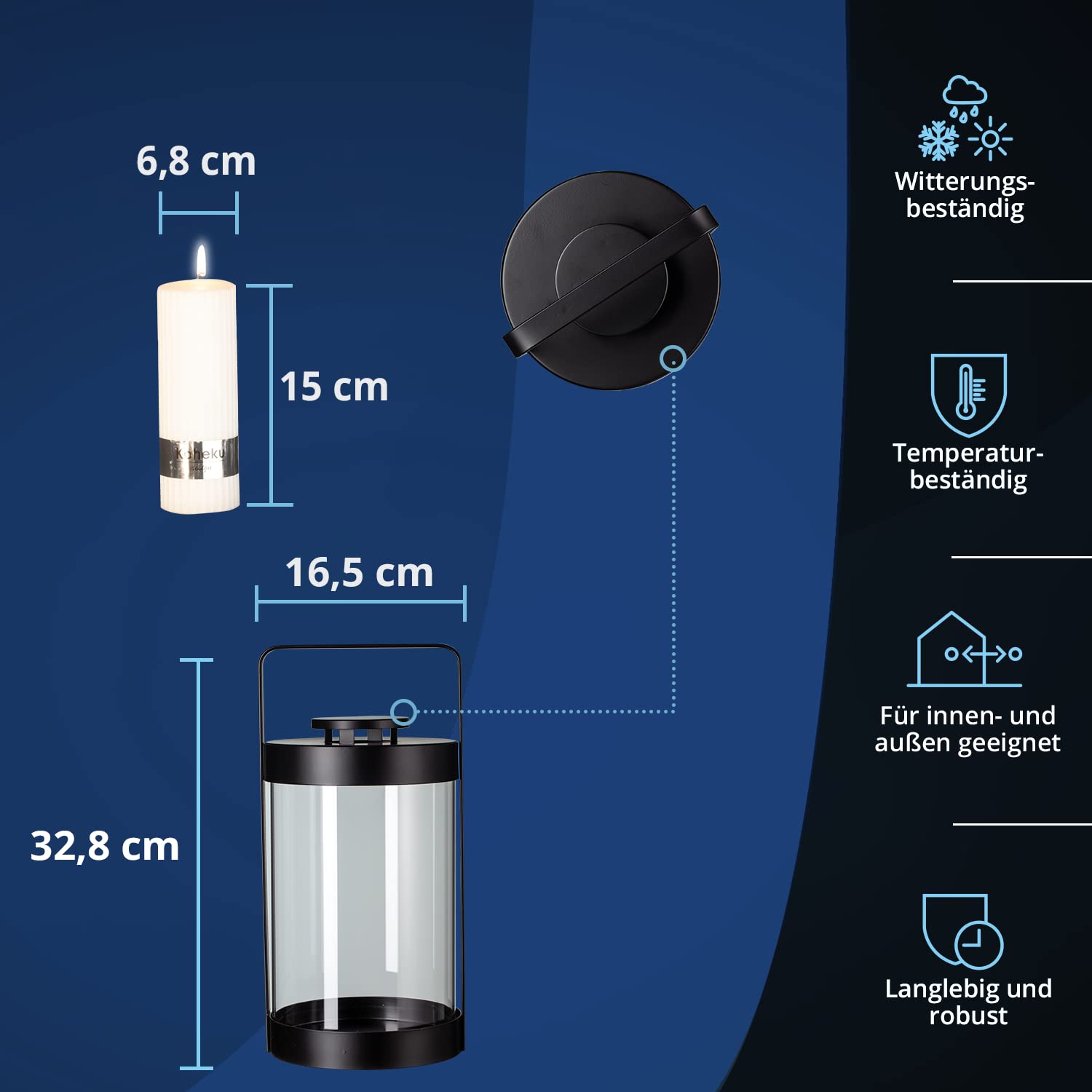KHG Laterne 33 Cm – Metall/Glas, Schwarz, Inkl. Kerze, Für Innen & Außen, Deko Für Wohnzimmer, Balkon, Garten