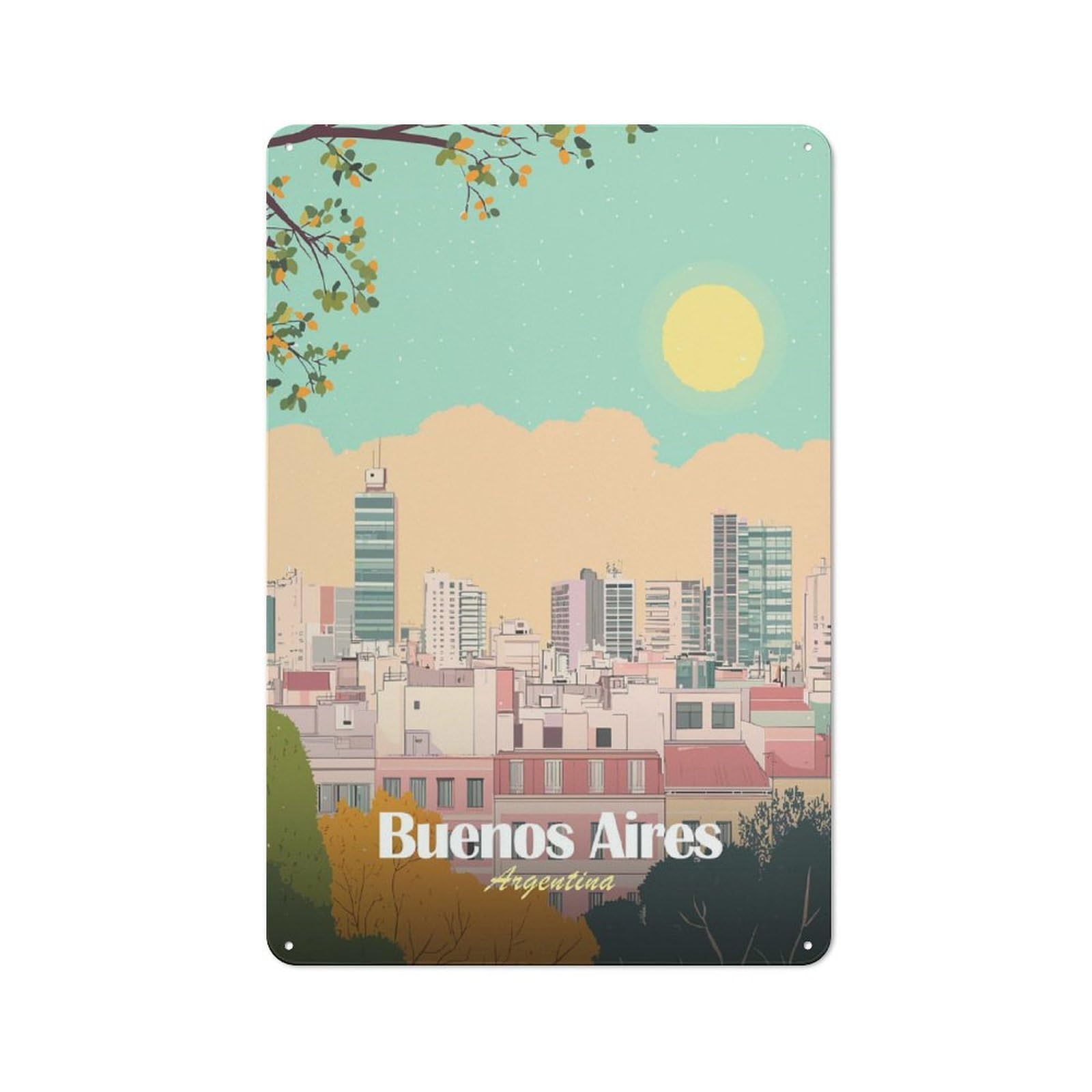 Buenos Aires Argentina Cityscape Illustration(2) Decorative Metal Plaque 30x20cm, Loft Style Urban Room Decor for Flat, Bar, Studio Or Gallery Wall