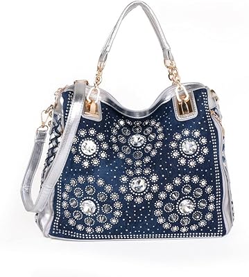 Denim Women Shoulder Bag Crystal Rhinestone Purse Handbag Jeans Crossbody Bag Ladies Tote Bag (silver)