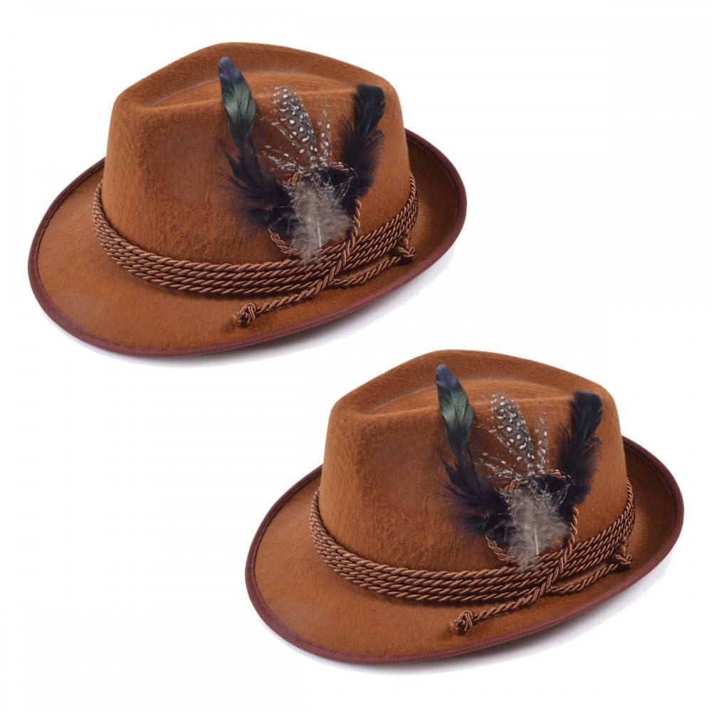 A2ZFD 2 Pack X Deluxe Brown Bavarian Hats : Adult Oktoberfest Beer Festival Fancy Dress Costume Party Accessory Set
