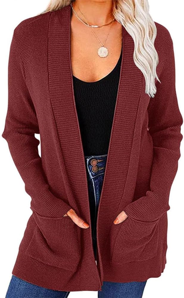 MARSVOVO Women's 2024 Fall Open Front Waffle Knit Cardigan Long Sleeve Cozy Sweaters with Pockets Stylish Daily Wear Tops
