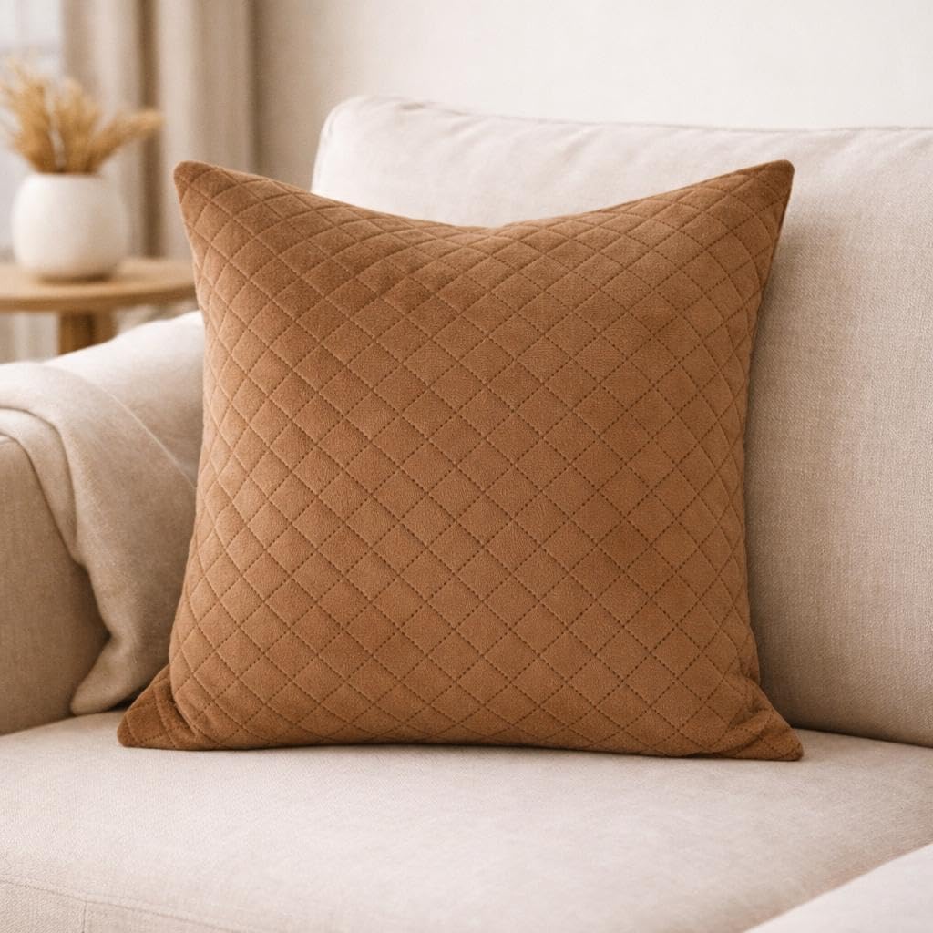 Premium Quilted Cushion Cover 12x12 Inch – Set of 2 | Decorative Throw Pillow Covers for Sofa, Couch or Bed, Square Cushion Covers – Home Décor (British TAN)